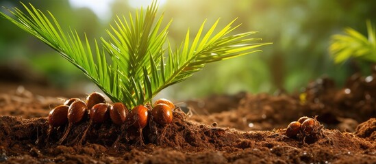Oil palm plants are the main producer of palm oil as the main ingredient for making cooking oil Young oil palm plants like soil with lots of humus and organic elements and abundant water - obrazy, fototapety, plakaty