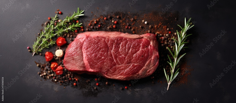 Poster steak ribeye black angus medium rare beef with spice vertical image top view place for text. creativ