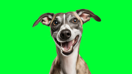 Portrait photo of smiling Whippet on green background