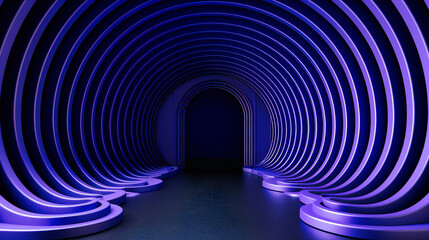 Futuristic tunnel with neon lights, abstract design of modern technology and cyber space, vibrant interior with glowing lines and reflection