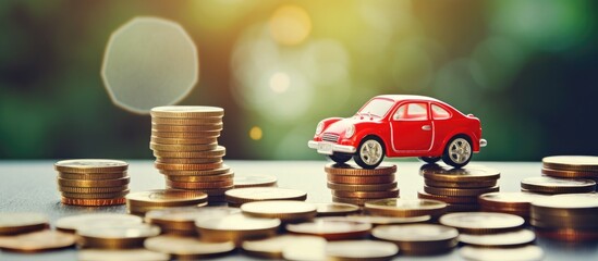 miniature house and red car on stack of coin with sale word on wood cube blurred senior people holding smart phone in soft focus. Creative Banner. Copyspace image - obrazy, fototapety, plakaty