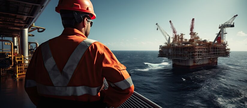 Marine Deck Officer or Chief mate on deck of offshore vessel or ship wearing PPE personal protective equipment helmet coverall He is giving orders to deck crew by radio. Creative Banner