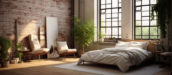 Stylish bright loft cozy living room with double bed armchair and teddy bear green plants curtains white brick walls and wooden floor Modern interior with green houseplants. Creative Banner