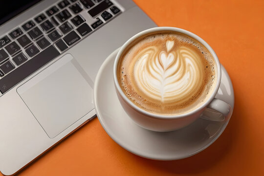 Top view latte coffee. White cup with foam, laptop on orange background. Perfect for graphic or product display. 