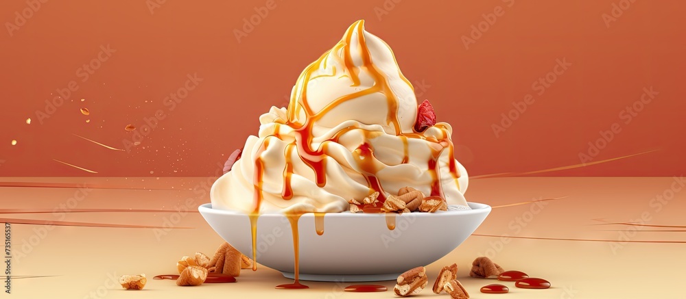 Poster scoops of vanilla ice cream with pecans and caramel sauce. creative banner. copyspace image