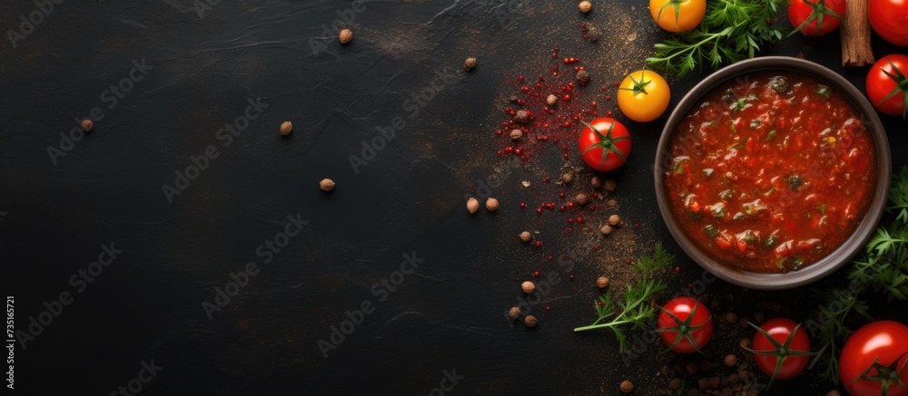 Aufkleber tomato ketchup sauce in a bowl with spices herbs and cherry tomatoes view from above. creative banne