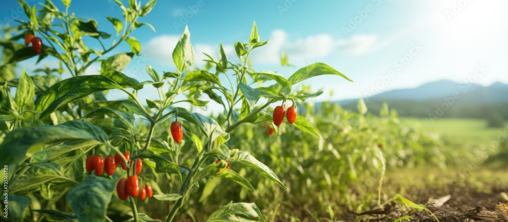 Canvas Prints vegetable rows of pepper grow in the field farming agriculture Landscape with agricultural land selective focus. Creative Banner. Copyspace image