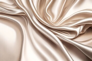 A shiny satin fabric, flowing gracefully, reflecting light off its smooth surface, and revealing its luxurious sheen against a white backdrop