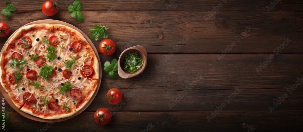 Poster top view pizza pasta with tomato sauce and salad bowl on rustic table. creative banner. copyspace im