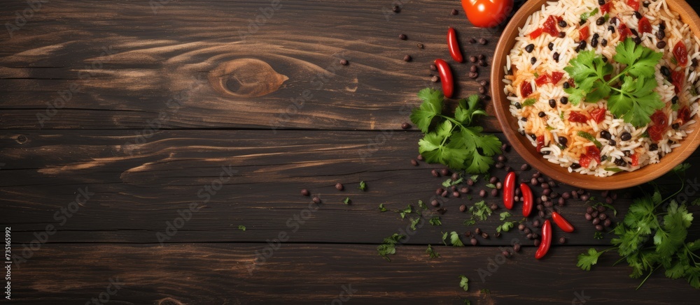 Poster Rice with red beans and vegetables in a bowl on the table horizontal view from above. Creative Banner. Copyspace image