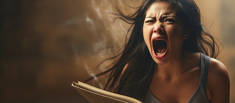 Young asian woman holding book angry and mad screaming frustrated and furious shouting with anger looking up. Creative Banner. Copyspace image
