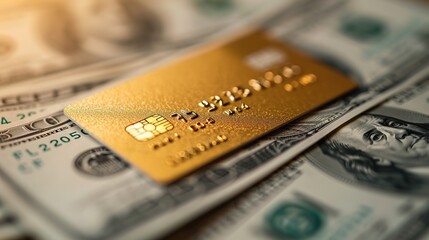 A close-up image of a premium gold credit card resting on a pile of crisp US hundred dollar bills, representing wealth and purchasing power.