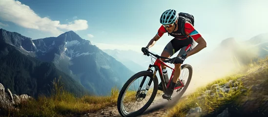 Rolgordijnen Motion blur fitness and cyclist on bike on road in mountain with helmet exercise adventure trail and speed Cycling race nature and man with bicycle for fast workout training motivation or energ © HN Works