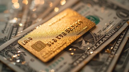 A luxurious gold credit card lies atop a spread of US hundred dollar bills, highlighting wealth, financial stability, and credit. - obrazy, fototapety, plakaty