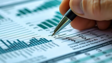 Close-up photo of a hand holding a pen and pointing to a bar graph, indicating detailed financial analysis and data review.