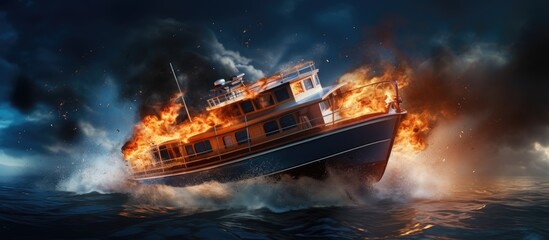 The boat s engine caught fire Motor boat used for tourist tours. Creative Banner. Copyspace image