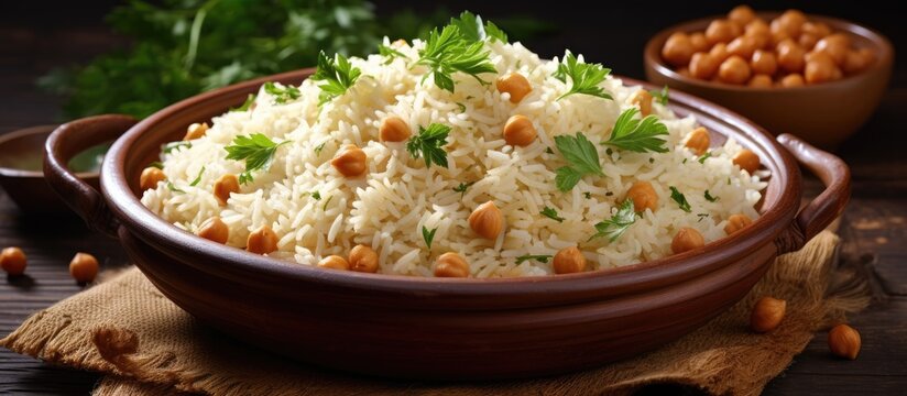 Turkish Rice with chickpea served Turkish name Nohutlu pilav or pilaf. Creative Banner. Copyspace image
