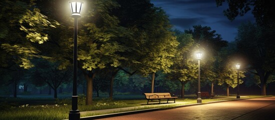 The bicycle road in the green park lit by solar powered street lights. Creative Banner. Copyspace image