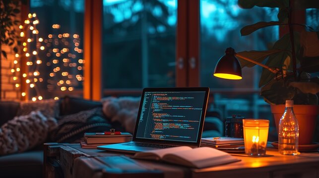 A cozy coding setup on a winter evening, featuring a laptop with code on the screen, surrounded by warm ambient lighting and comfortable home decor.