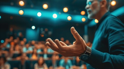 Dynamic close-up of a speaker's gesturing hand with a blurred background of listeners in a seminar hall.