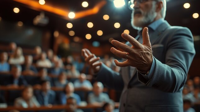 Focused image of a senior businessman speaking with hand gestures in front of a blurred audience in a conference hall.