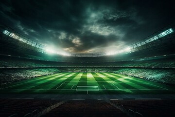 Fototapeta na wymiar Soccer match in a world football stadium with bright green lights. Generative AI