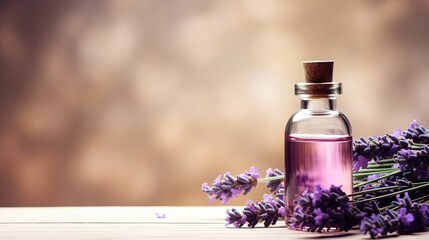Obraz na płótnie Canvas Lavender aromatic liquid essential oil with dried lavender flowers, spa industry poster