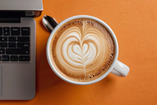 Top view latte coffee. White cup with foam, laptop on orange background. Perfect for graphic or product display. 