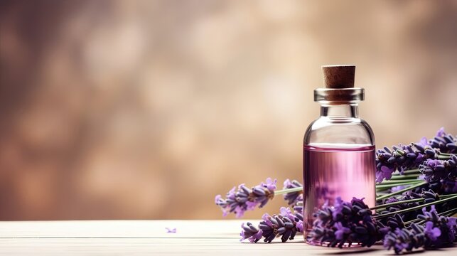 Lavender aromatic liquid essential oil with dried lavender flowers, spa industry poster