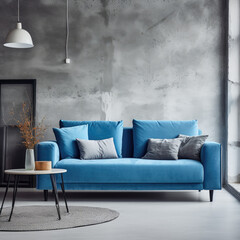 Blue sofa against concrete wall. Scandinavian loft home interior design of modern living room in minimalist studio apartment