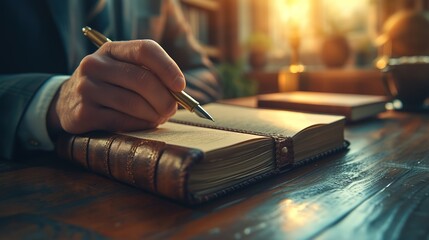 Close-up of a hand holding a golden pen, thoughtfully writing in an open leather-bound journal on a wooden desk. - obrazy, fototapety, plakaty