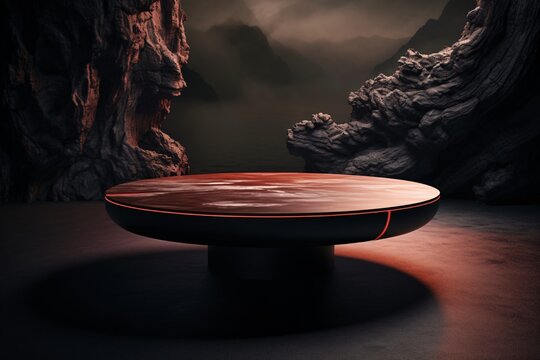 a round table with a red strip in front of a rocky landscape