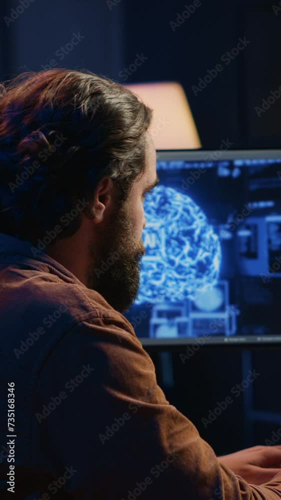 Poster developer updating artificial intelligence neural networks, typing on computer keyboard in neon lit 