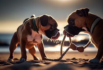 two boxer dogs playing tug of war on the beach with a ball toy. Generative AI - obrazy, fototapety, plakaty