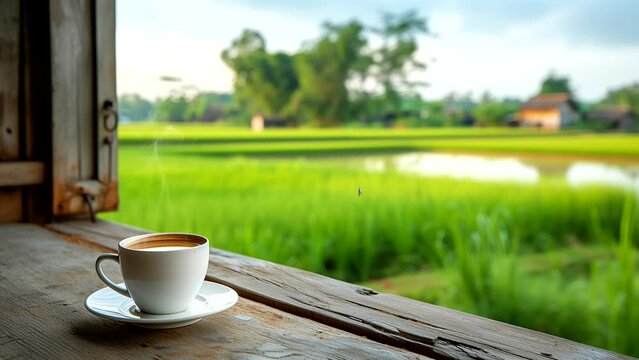 Enjoying a warm cup of coffee on green rice field in the morning. seamless looping 4k time-lapse animation video background