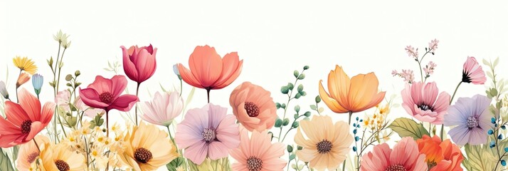 Blooming poppy beauty, colorful flowers, watercolor banner.