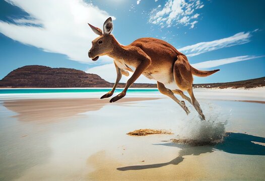 Kangaroo hopping / jumping mid air on sand near the surf on the beach at Lucky Bay, Cape Le Grand National Park, Esperance, Western Australia. Generative AI