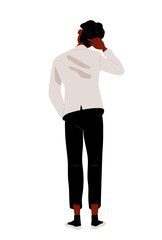 Person standing turned backside. Man in white and black suit. Character go away in buainess clothes. Poster or banner. Cartoon flat vector illustration isolated on white background