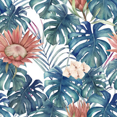 Tropical pattern with  palm leaves and african protea. Watercolor seamless print. Jungle summer  background - 735169500