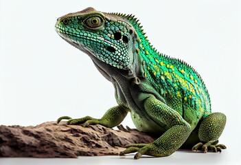 Side view of Western Green Lizard aka Lacerta bilineata. Isolated on white background. Generative AI