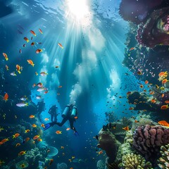 Fototapeta na wymiar Scuba Diver Exploring Vibrant Coral Reef Under Sunlit Ocean