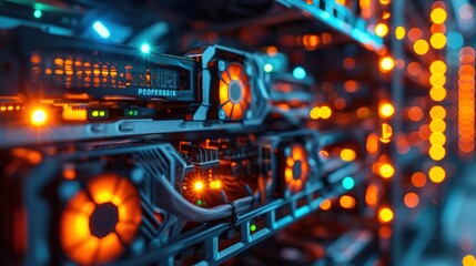 A close-up view of a high-performance computing server rack with active cooling fans and illuminated components. - obrazy, fototapety, plakaty