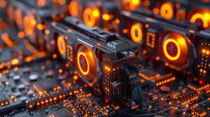 Detailed image of high-end graphics processing units with red LED lights installed on a motherboard, depicting powerful computing hardware. - obrazy, fototapety, plakaty