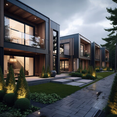 Modern modular private townhouses. Residential minimalist architecture exterior