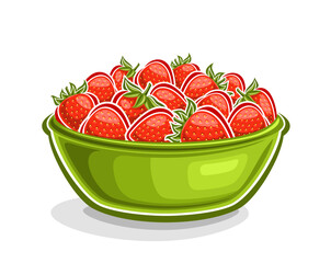 Vector Strawberry Plate, horizontal poster with isolated cartoon design strawberries composition with green leaves, outline illustration of various strawberry berry fruits in plate on white background