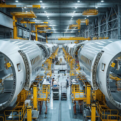 An aerospace manufacturing facility with machinery assembling aircraft components emphasizing precision and innovation
