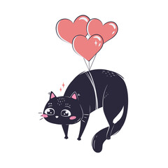 Simple cartoon flat cat in love flying on heart-shaped balloons