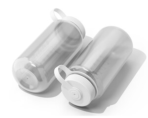 Blank Clear White Wide Mouth Plastic Sport Water Bottle Packaging Isolated On Transparent Background, Prepared For Mockup, 3D Render.