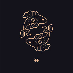 Pisces sign vector on a black background, contour drawing of a fish.