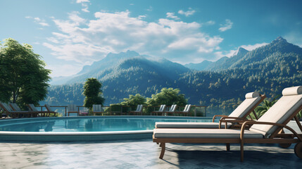 Fototapeta na wymiar Luxury resort. Empty pool deck chairs green trees